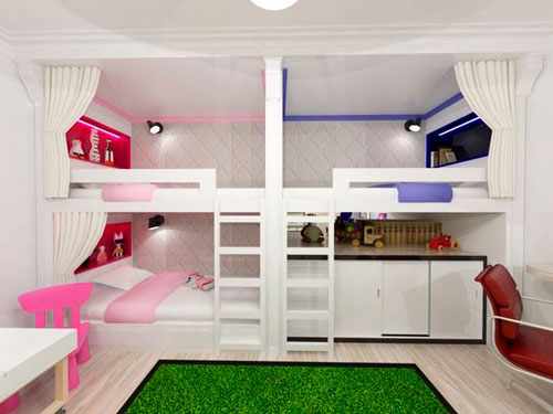 детская комната для двух девочек и одного мальчика