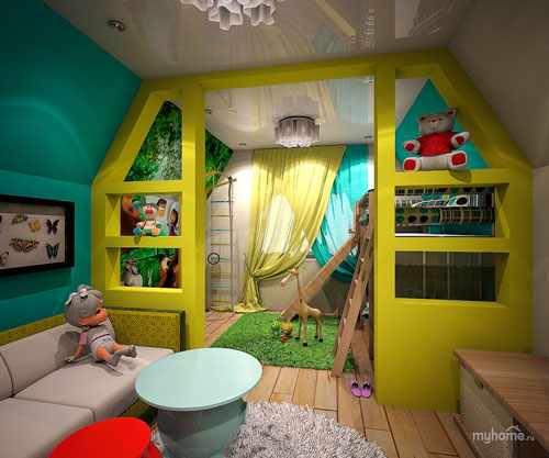Детская мансардная комната для двух детей с игровой зоной