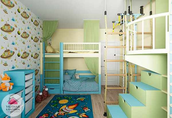 дизайн детской комнаты для двух мальчиков со шветской стенкой
