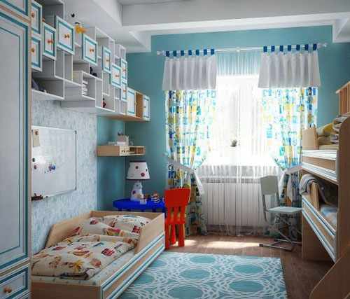 синяя детская комната для троих детей