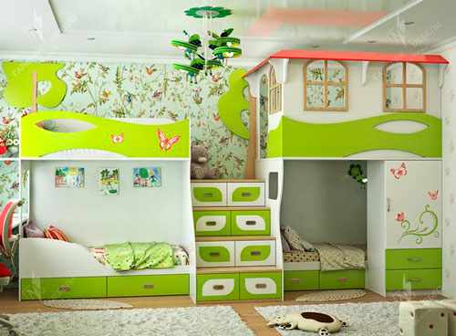 Зеленая детская комната с домиком