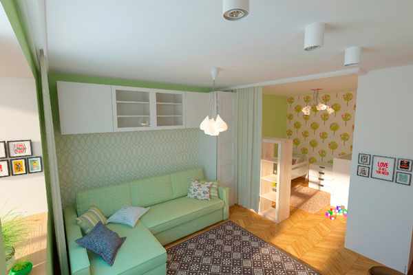 детская и гостинная в одной комнате в зеленых тонах