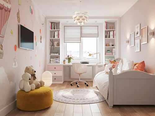 дизайн детской комнаты прямоугольной формы с окном 8