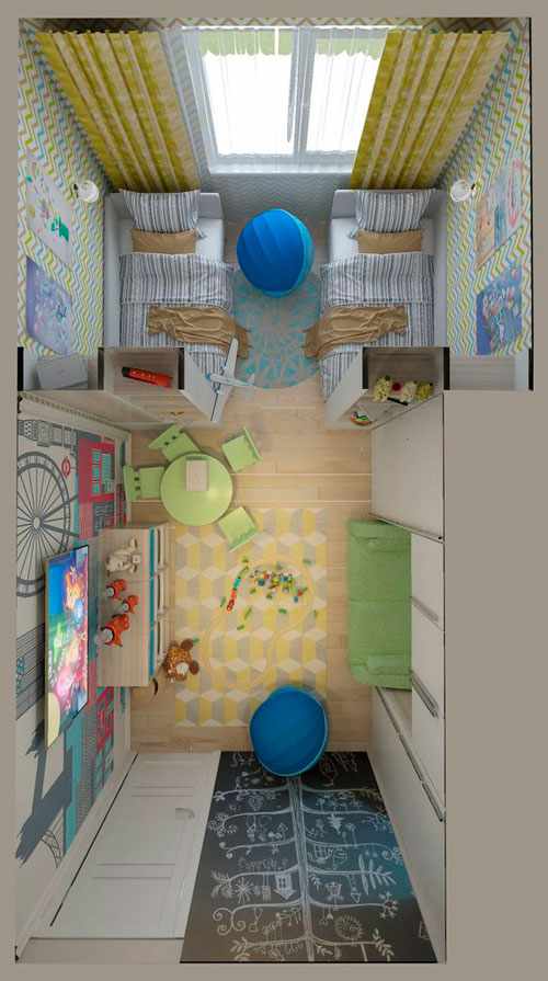 дизайн детской прямоугольной комнаты для школьника 4
