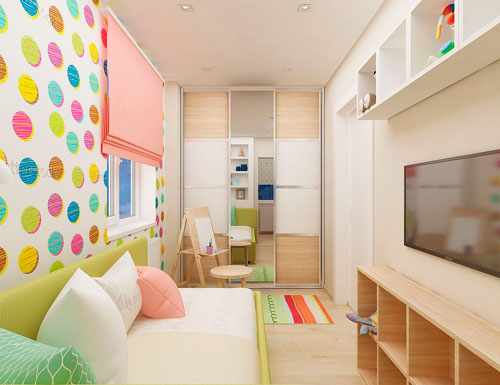 дизайн детской прямоугольной комнаты с балконом для девочки