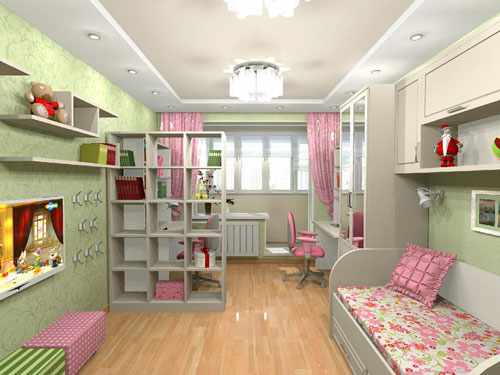 дизайн детской прямоугольной комнаты для девочки