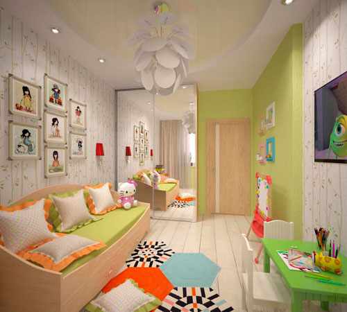 дизайн детской комнаты прямоугольной формы