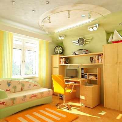 Дизайн прямоугольной комнаты для ребенка в ярких цветах