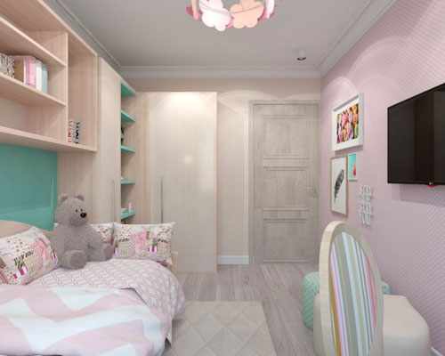 Дизайн прямоугольной комнаты для ребенка в нежных тонах