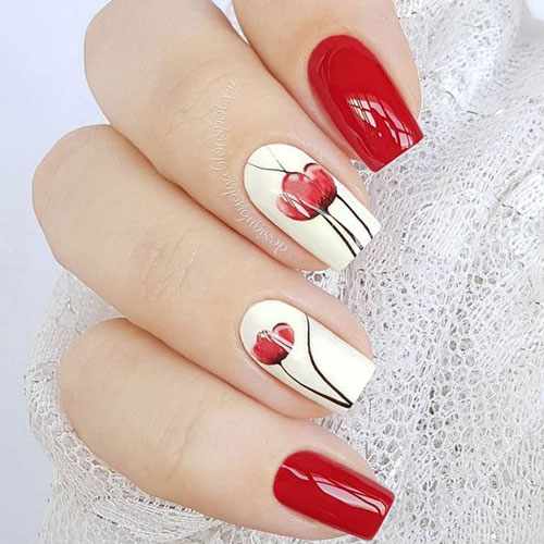 дизан ногтей в белом цвете с красными цветами