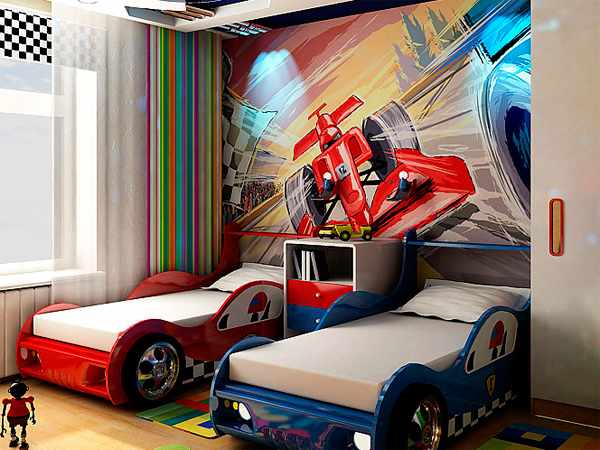 дизайн детской комнаты для двух мальчиков с кроватями машинами