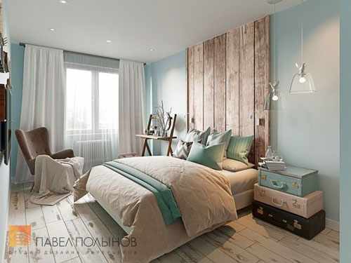 фото интерьера спальни в скандинавском стиле с деревянной кроватью 2