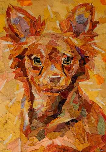 Картина собака из сухих листьев