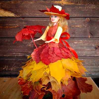 поделка платье из листьев для куклы в детский сад