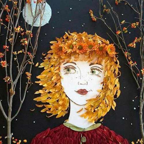 Картина девушка из сухих листьев