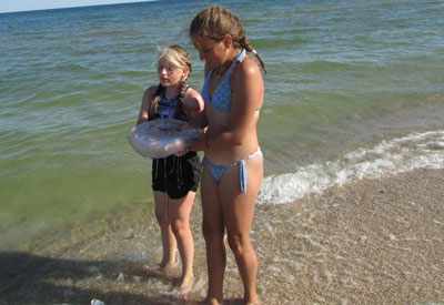 дети спасают медуз на галечном пляже