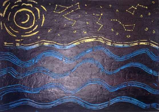Звёздное небо (волны нарисованы пластиковой вилкой)