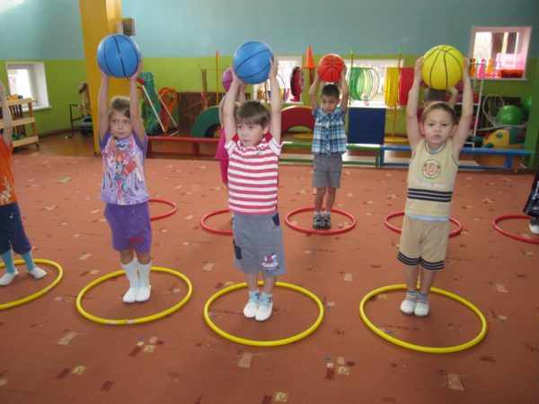 Дети стоят с мячами в руках, поднятыми над головой