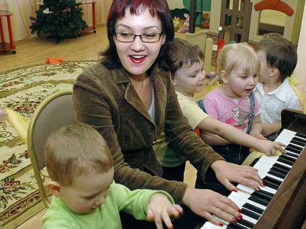 Музыкальный руководитель играет на фортепиано в окружении трёх мальчиков и девочки