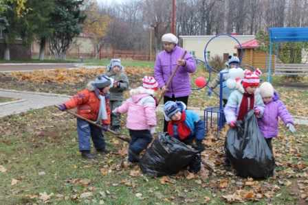 Дети и воспитатель убирают листья