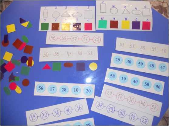 Материал для математической игры: карточки с цифрами, геометрическими формами из цветной бумаги