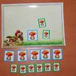 На картинке, лежащей на столе, белочка и три гриба в прямоугольниках, под картинкой на карточках пять больших и шесть маленьких грибов