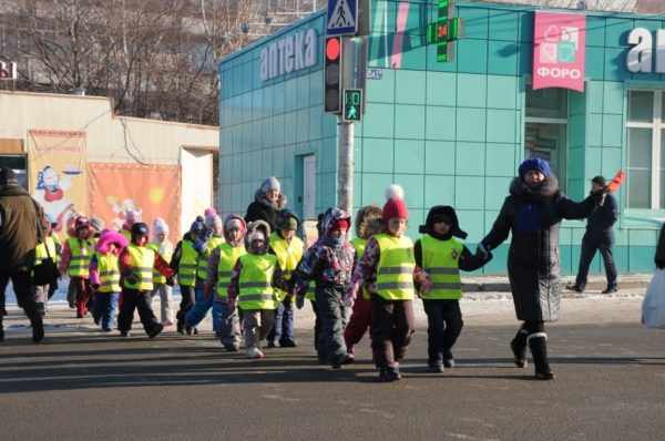 Воспитатель переводит группу детей через дорогу по регулируемому пешеходному переходу
