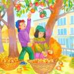 Картинка Дети собирают яблоки