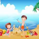Картинка с мальчиком и девочкой, играющими с пеком на побережье