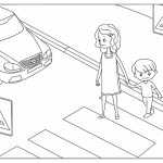Шаблон для раскрашивания Женщина с ребёнком переходят дорогу