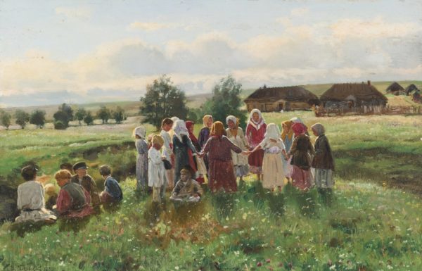 Деревенские жители стоят в кругу на поляне