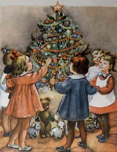 Девочки стоят вокруг новогодней ёлки
