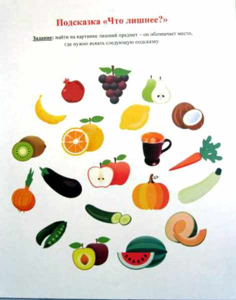Изображения фруктов, овощей и кружки, нужно определить, что лишнее