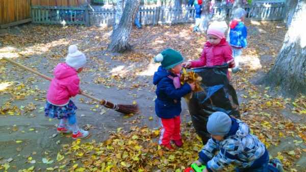 Дети собирают осеннюю листву