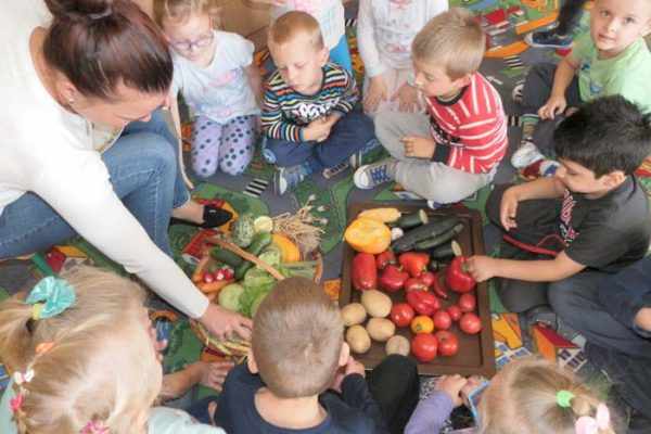 Дети с педагогом разбирают овощи на полу