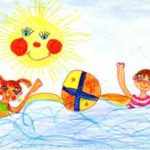 Детский рисунок двое с мячом в воде