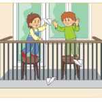 Рисунок, где дети играют в самолётики на балконе