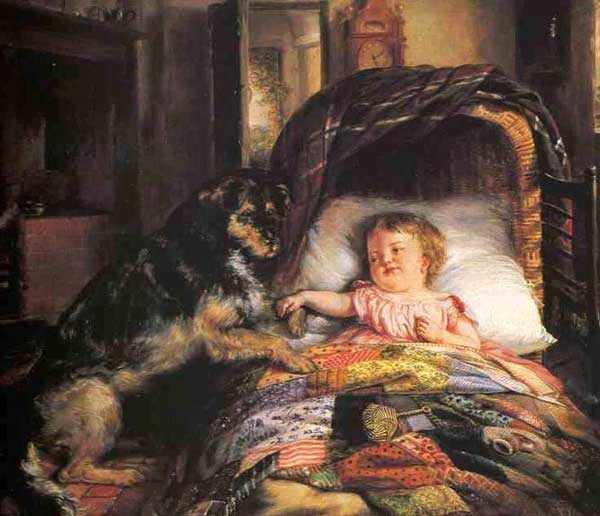 Картина акварелью с изображением собаки и девочки, лежащей под лоскутным одеялом