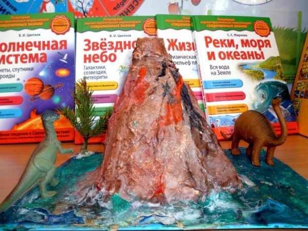 Макет вулкана в окружении пальмы и динозавров, на заднем плане — книги
