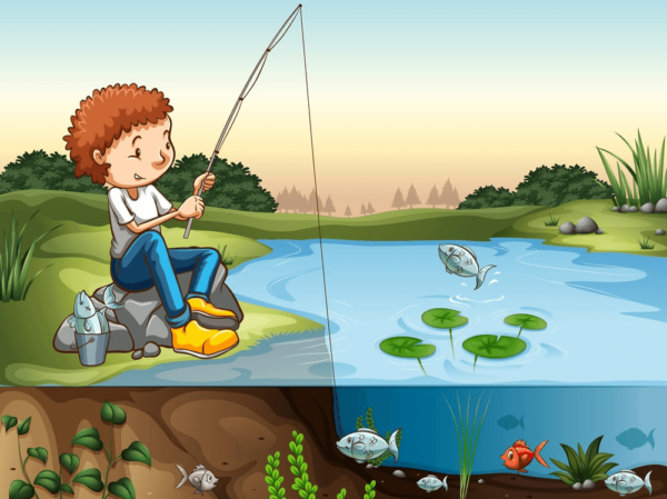 Анимационный мальчик ловит рыбу на удочку