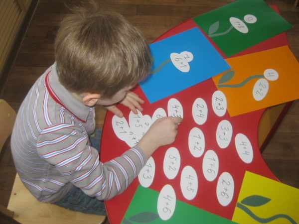 Ребёнок подбирает арифметические примеры для цветочков с цифрами-итогами