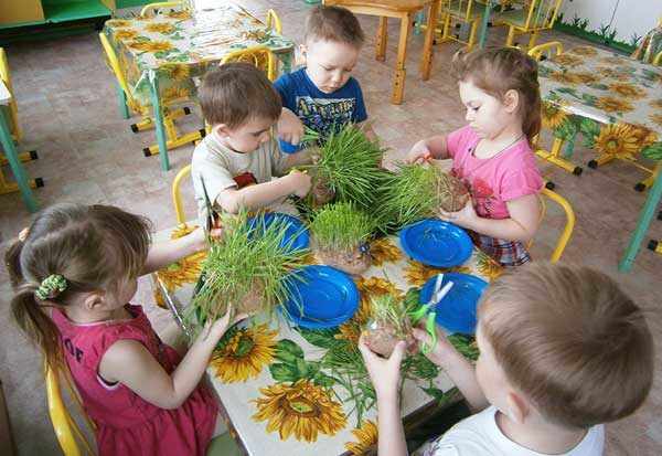 Дети в группе изготавливают поделки из травы на экологическую тему