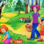 Мама с мальчиком и девочкой собирают грибы, девочка собирает землянику