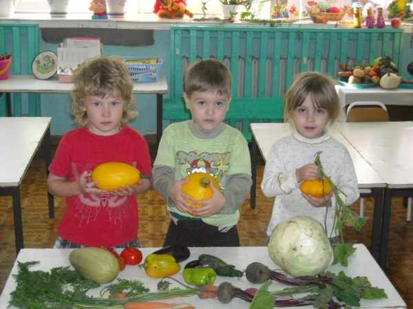 Трое детей держат в руках овощи, перед ними на столе лежат баклажаны, перец, кочан капусты, свёкла и др