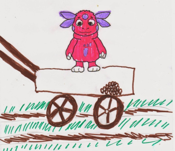Детский рисунок: Лунтик едет на тележке