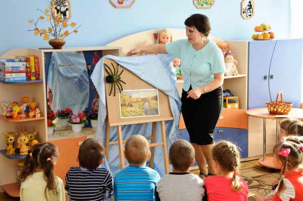 Воспитательница снимает накидку с мольберта, на котором закреплён паук-игрушка, дети наблюдают