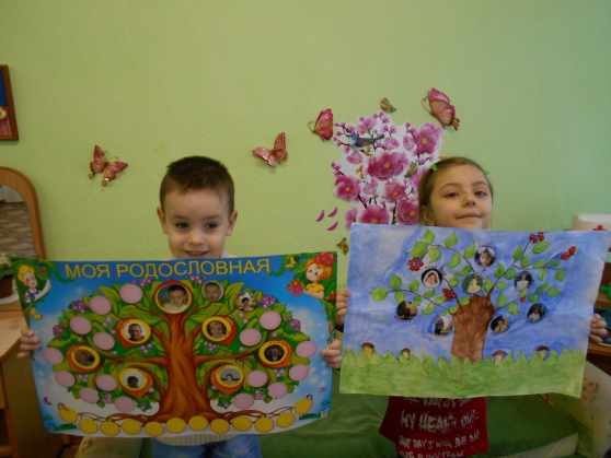 Мальчик и девочка держат по ватману с проектами своих генеалогических деревьев