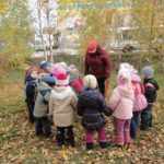 Дети и воспитатель рассматривают опавшие листья