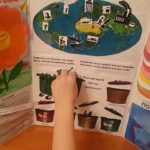Лэпбук с оранжевым цветком справа, рука ребёнка сортирует картинки по кармашкам-мусорным контейнерам