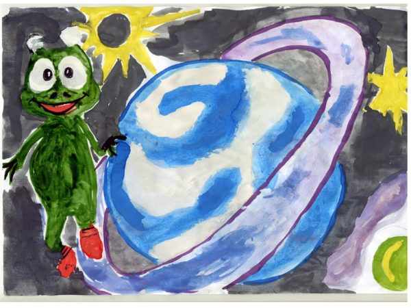 Детский рисунок инопланетянина и Сатурна